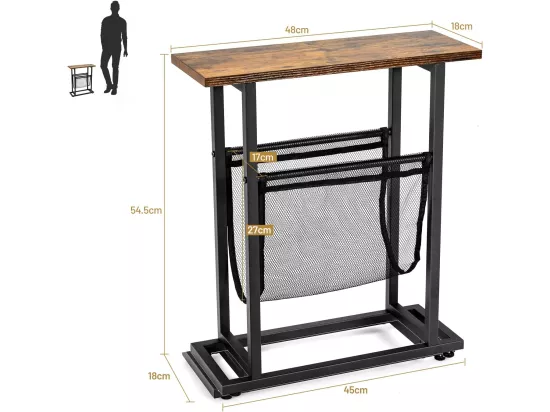 Table d'appoint de style industriel, 2 niveaux avec porte-revues en maille, 48 x 18 x 54,5 cm