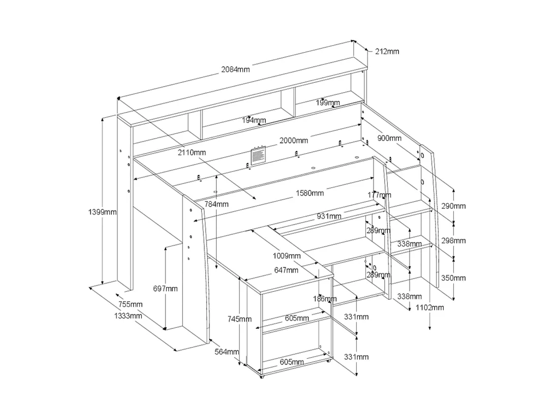 Lit combiné 90 x 200 cm avec bureau et rangements - Blanc et naturel - APOLINO