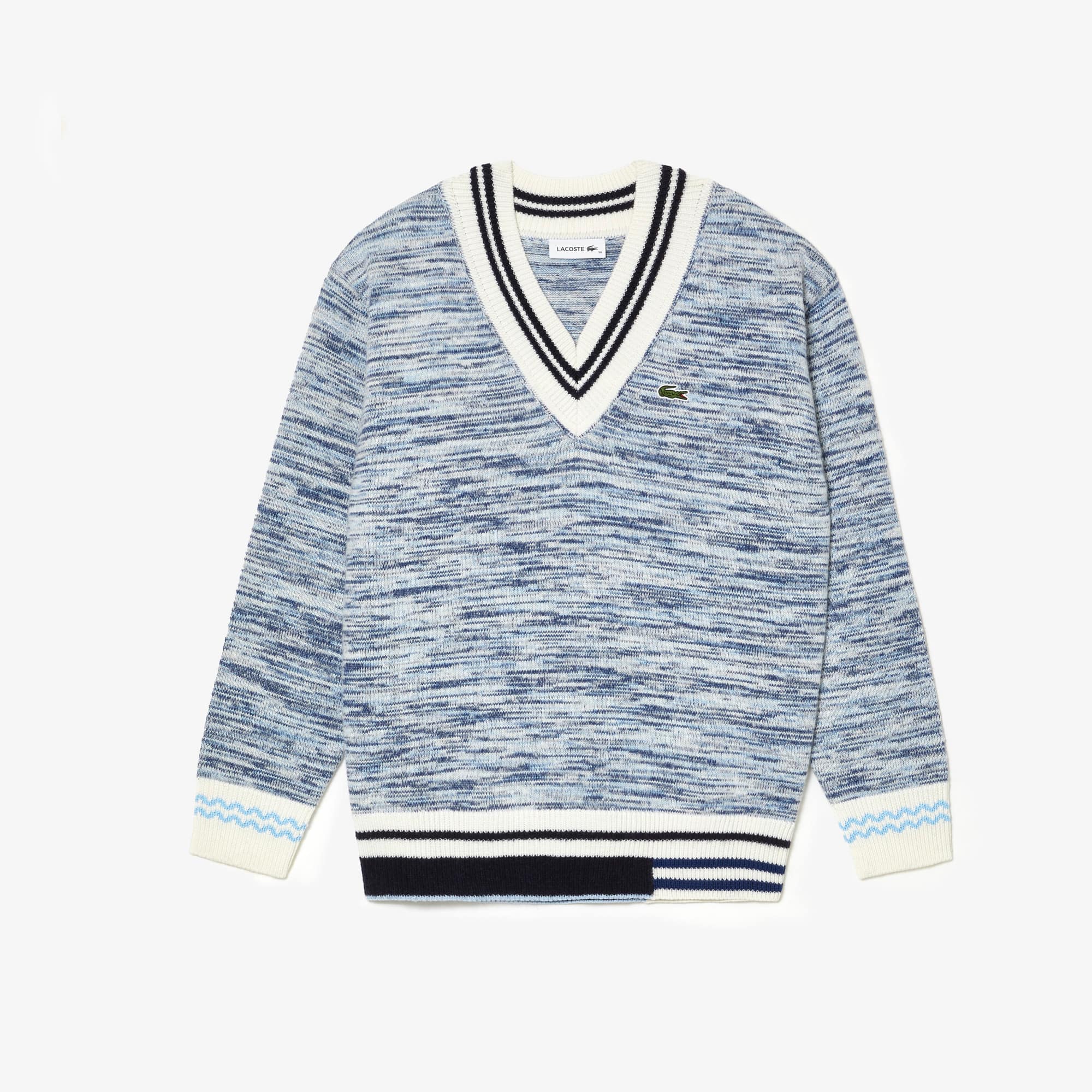 Pull à col V contrasté rayé en alpaga Pullovers - Blanc - Lacoste - Femme