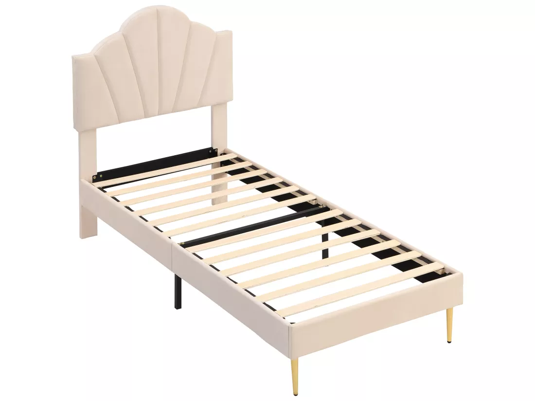 Lit 90x200cm en velours - tête de lit en forme de coquille - Beige