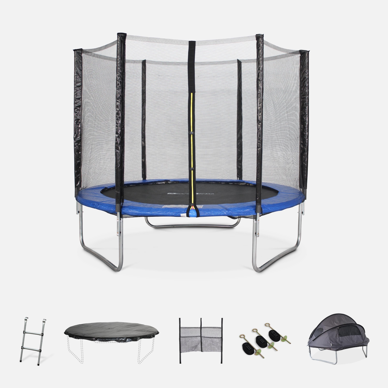 Trampoline 250cm bleu avec pack d'accessoires + tente de camping avec sac de transport