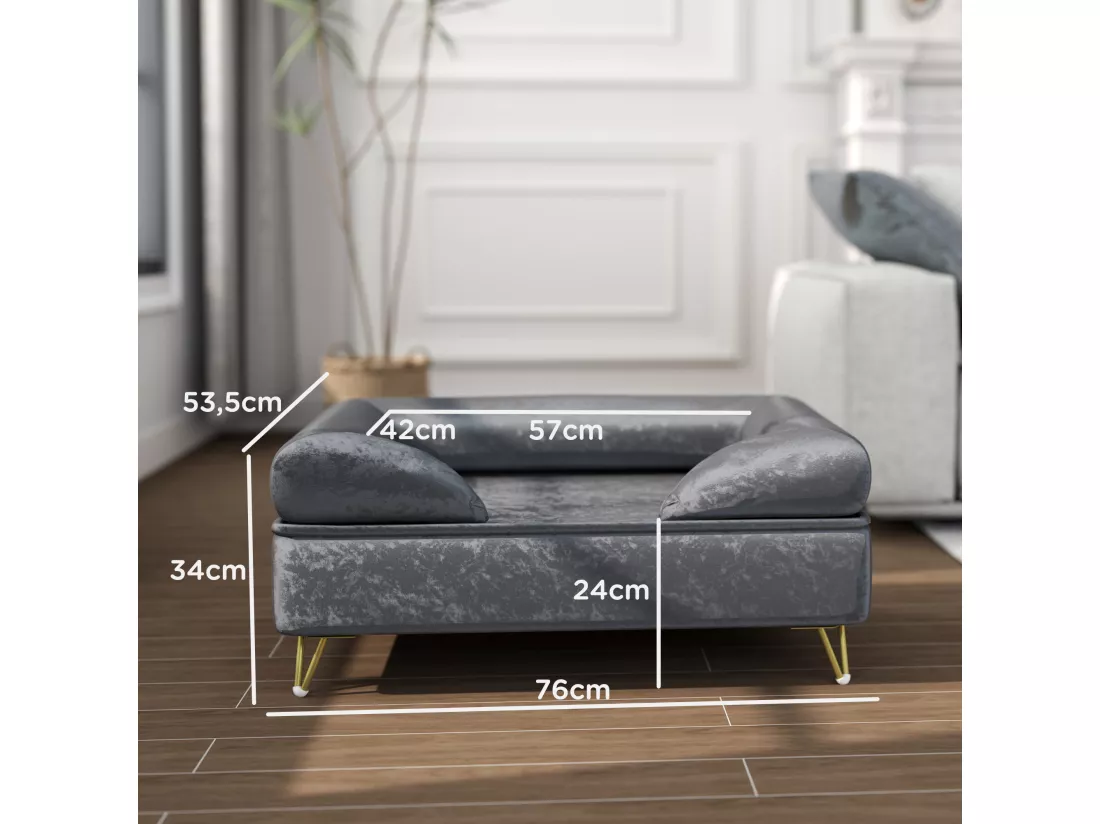 Canapé pour chien design - dim. 76L x 53,5l x 34H cm - piètement épingle métal doré velours gris