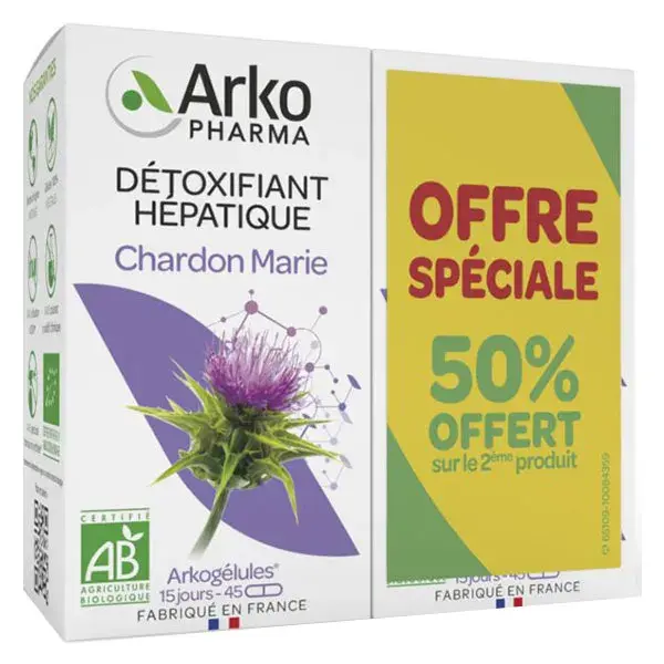 Cápsulas de Cardo Mariano Orgânico Desintoxicantes Arkopharma Arkogélules, Pacote com 45 unidades (2 cápsulas cada)