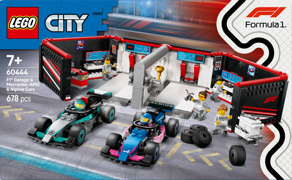 Formule 1 lego garage voor de lego en formule 1 faF1® garage met Mercedes-AMG en Alpine auto's 60444