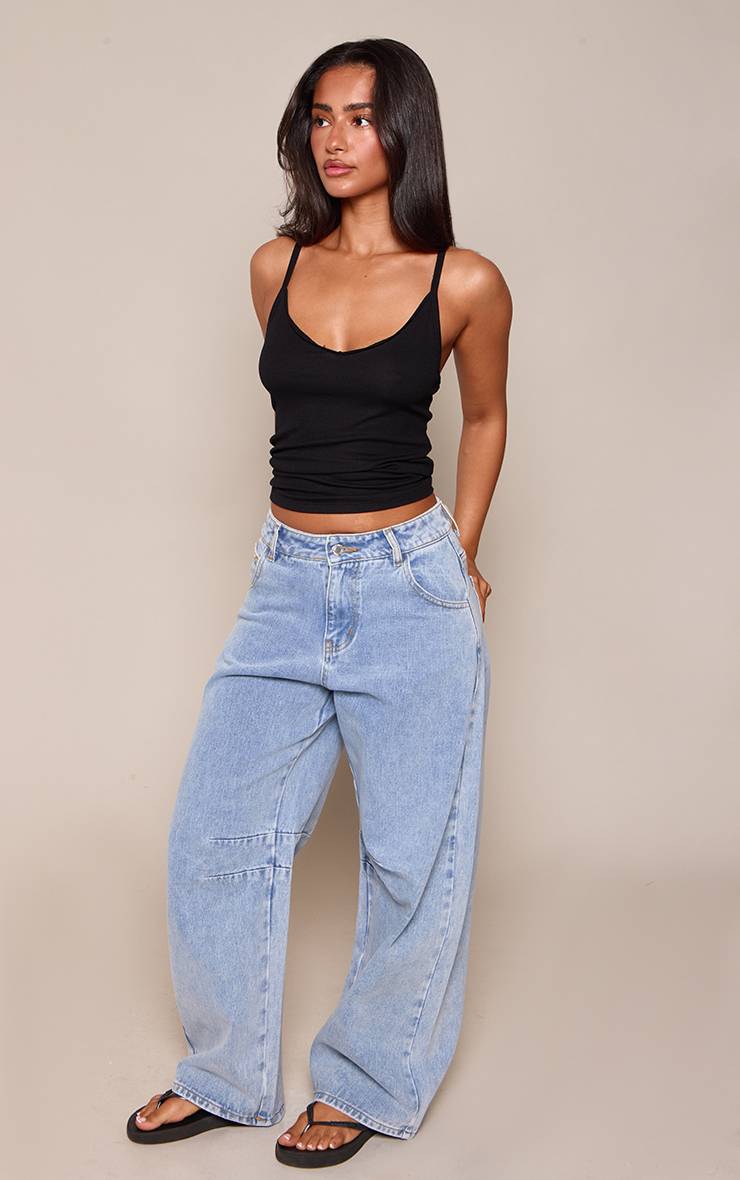 Mid Blue Wash Jean Barrel Petite Bleu Moyen Avec Détails De Coutures