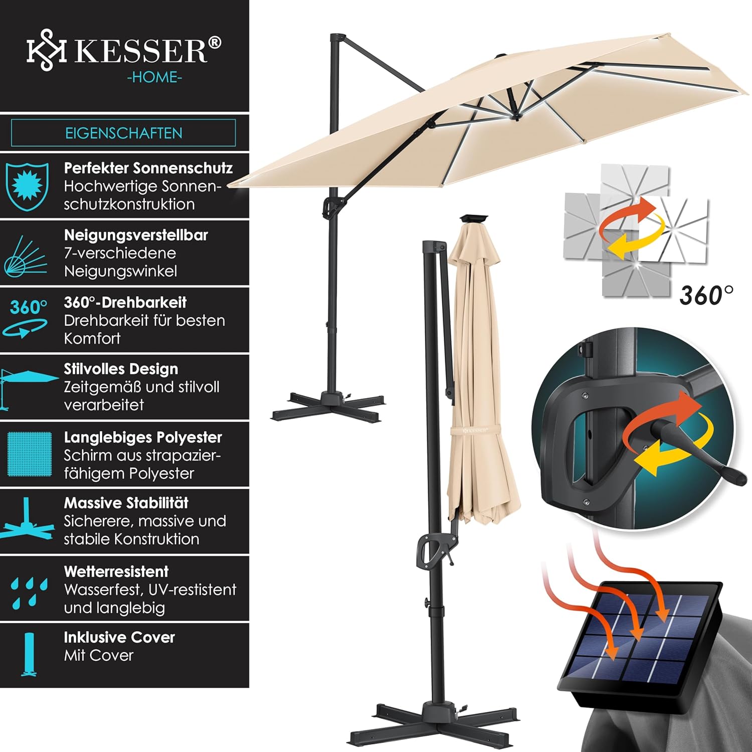 KESSER® Sonnenschirm LED Solar Ampelschirm SUN XL 300 x 300 cm Inkl. Abdeckung +Windsicherung Drehbar Neigbar Kippbar Marktschirm Groß 360° Rotation, Gartenschirm mit Kurbel Sonnenschutz, Beige