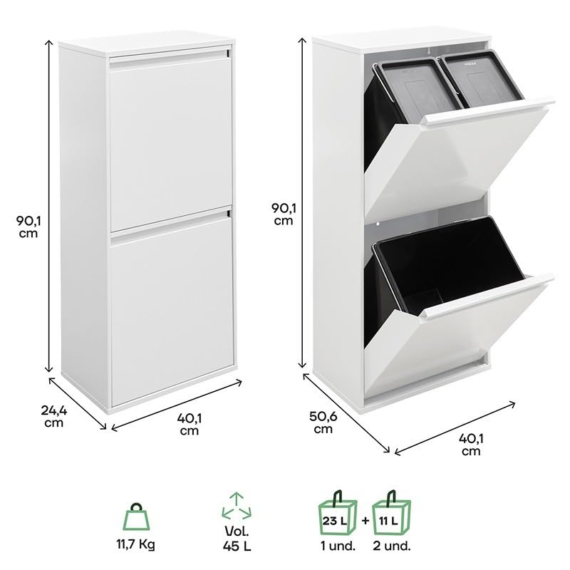 ARREGUI Basic CR401-B Mülltrennsystem aus Stahl | 3 Fächer Mülleimer für die Küche | 3 Fach Abfalleimer | 11+11+23 L (45 L) | Herausnehmbare Inneneimer | Recycling Schrank für Mülltrennung | weiß