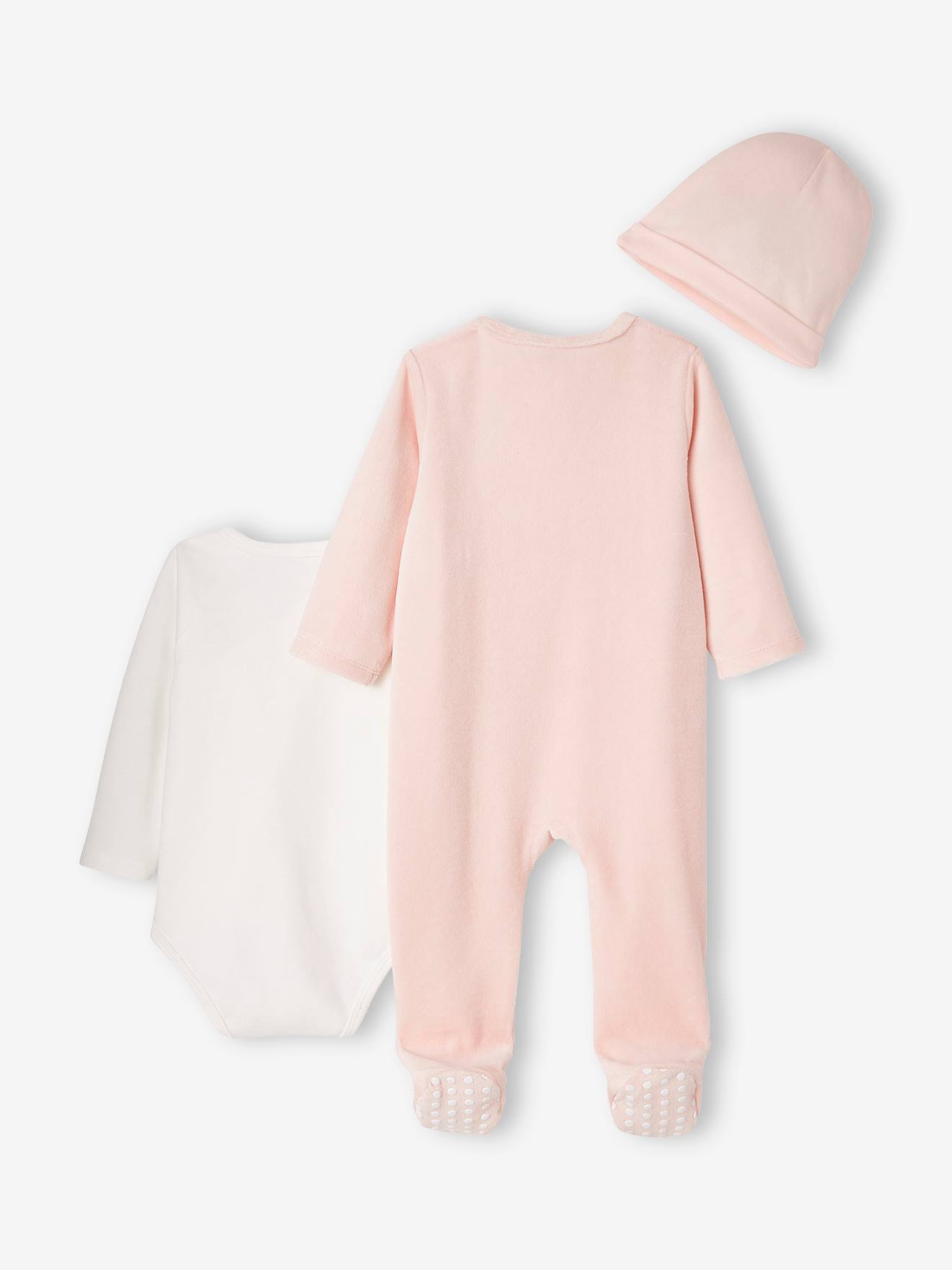 Conjunto para bebê DS® Marie The Aristocats: macacão, body e chapéu. Rosa escuro liso com estampas.