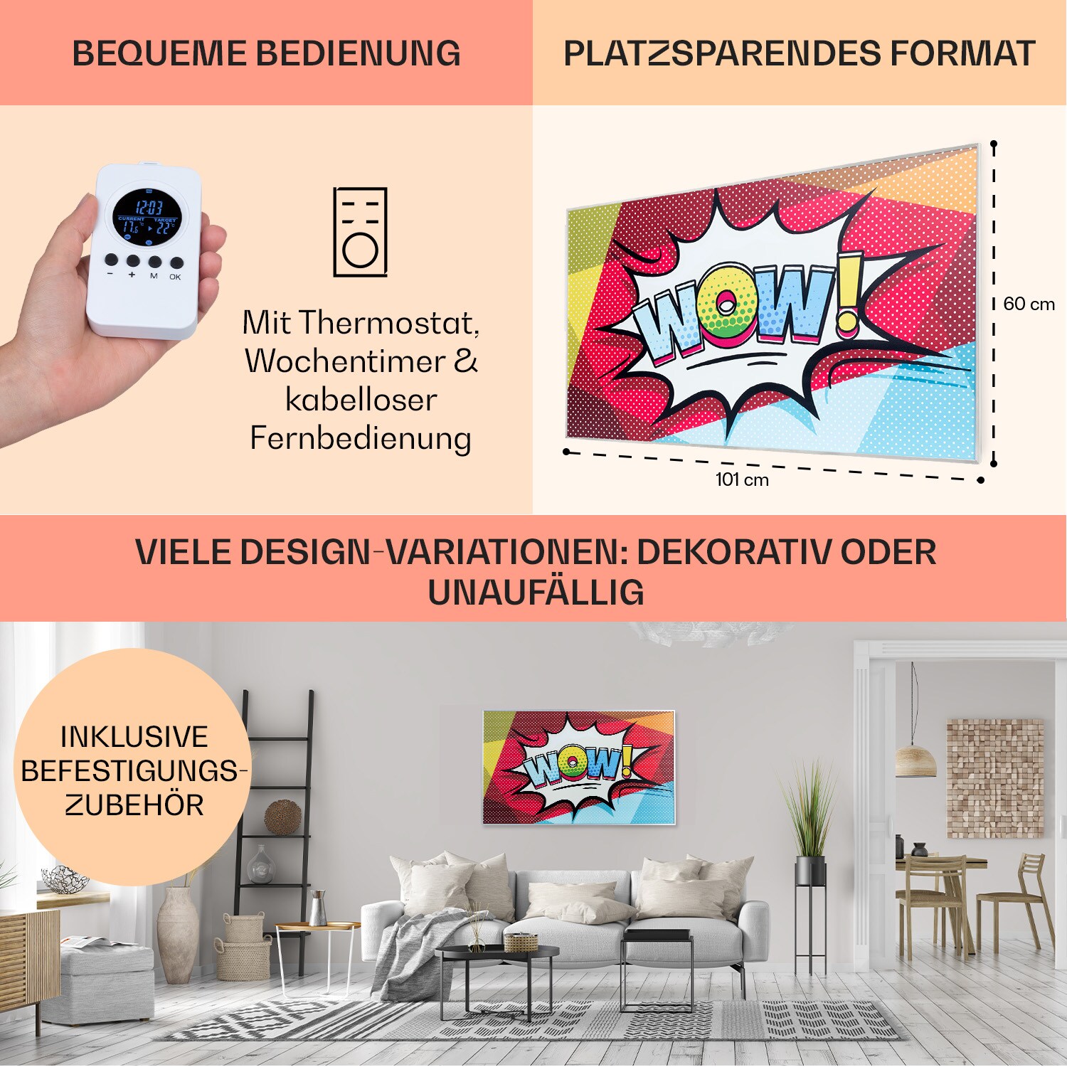 Wonderwall Air Art 60 Infrarotheizung 101x60cm 600W Wandinstallation Fernbedienung