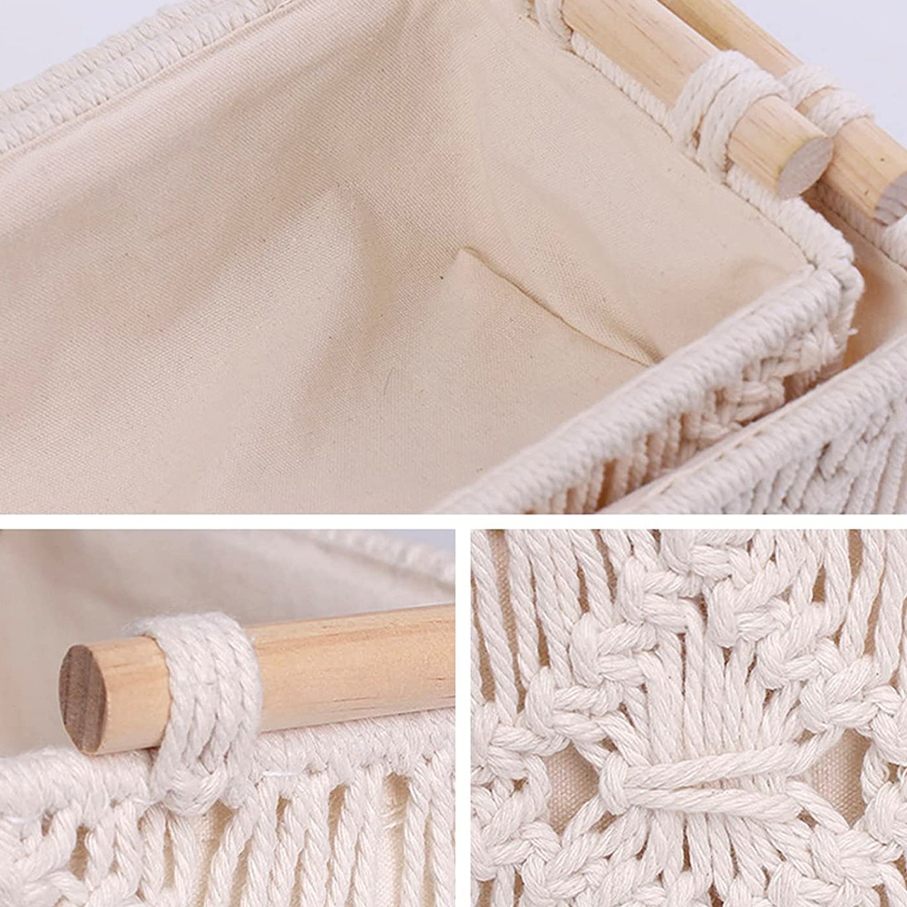 (2er Set) Aufbewahrungs Korb Hygge Lifestyle Deko Makramee Organizer mit Griff - Weiss