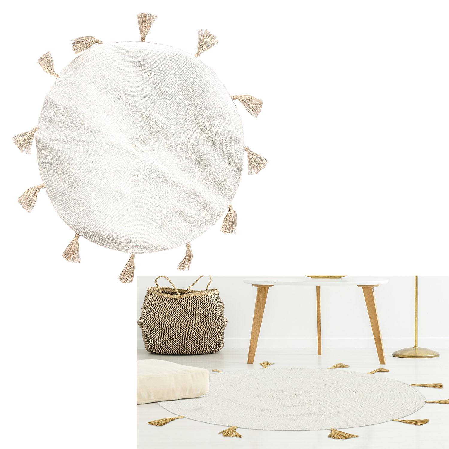 TAPIS ROND COTON POMPON BEIGE 90CM