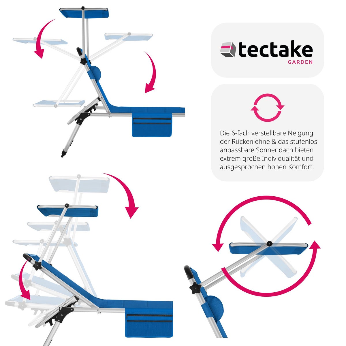 tectake Lorella gestoffeerde zonnebank, opvouwbaar 220 x 60,5 x 34 cm, met zijvak