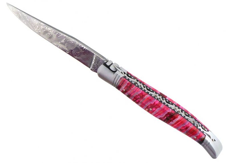 VENDU - Couteau Laguiole avec un manche en Molaire de Mammouth teintée rose