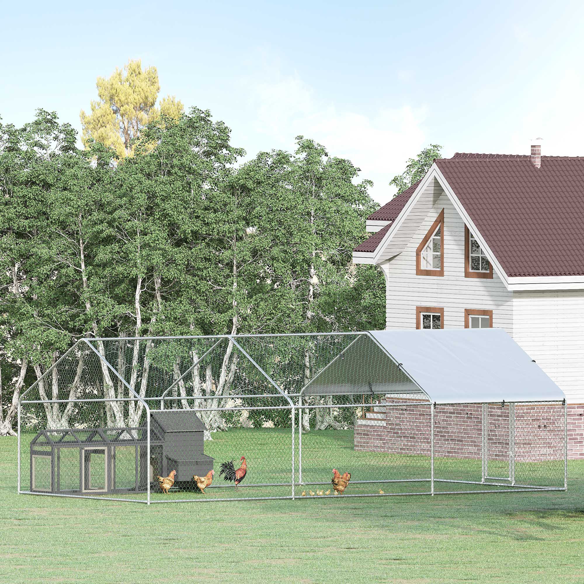 Galinheiro grande PawHut para exterior, em metal galvanizado, 3,03 x 6 x 1,95 m, com 3 compartimentos e cobertura em tecido Oxford resistente à água e aos raios UV, ideal para pátios, cor prata.