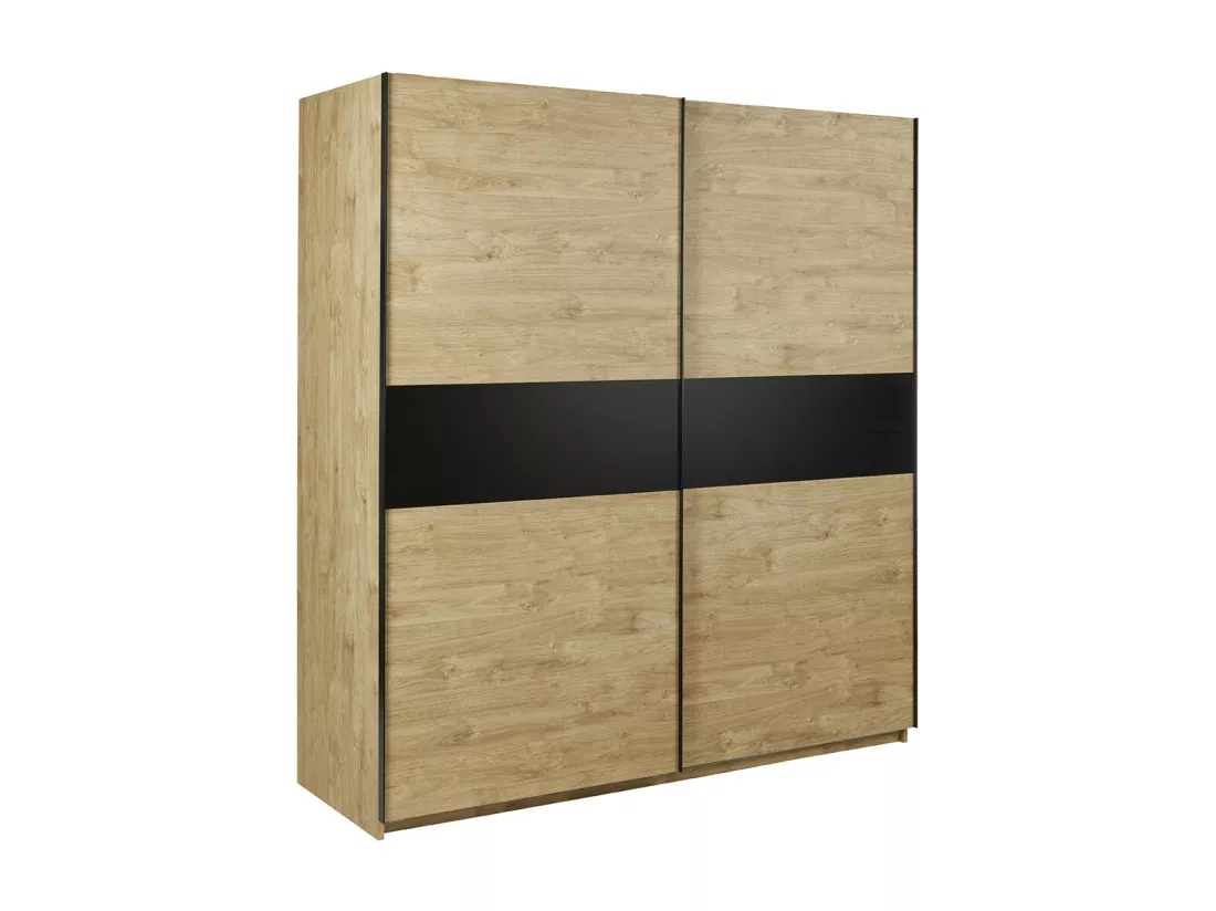 Chambre à coucher collection MORGANE : armoire 200 cm, lit avec applique 180x200, commode, chevets, chêne doré et noir
