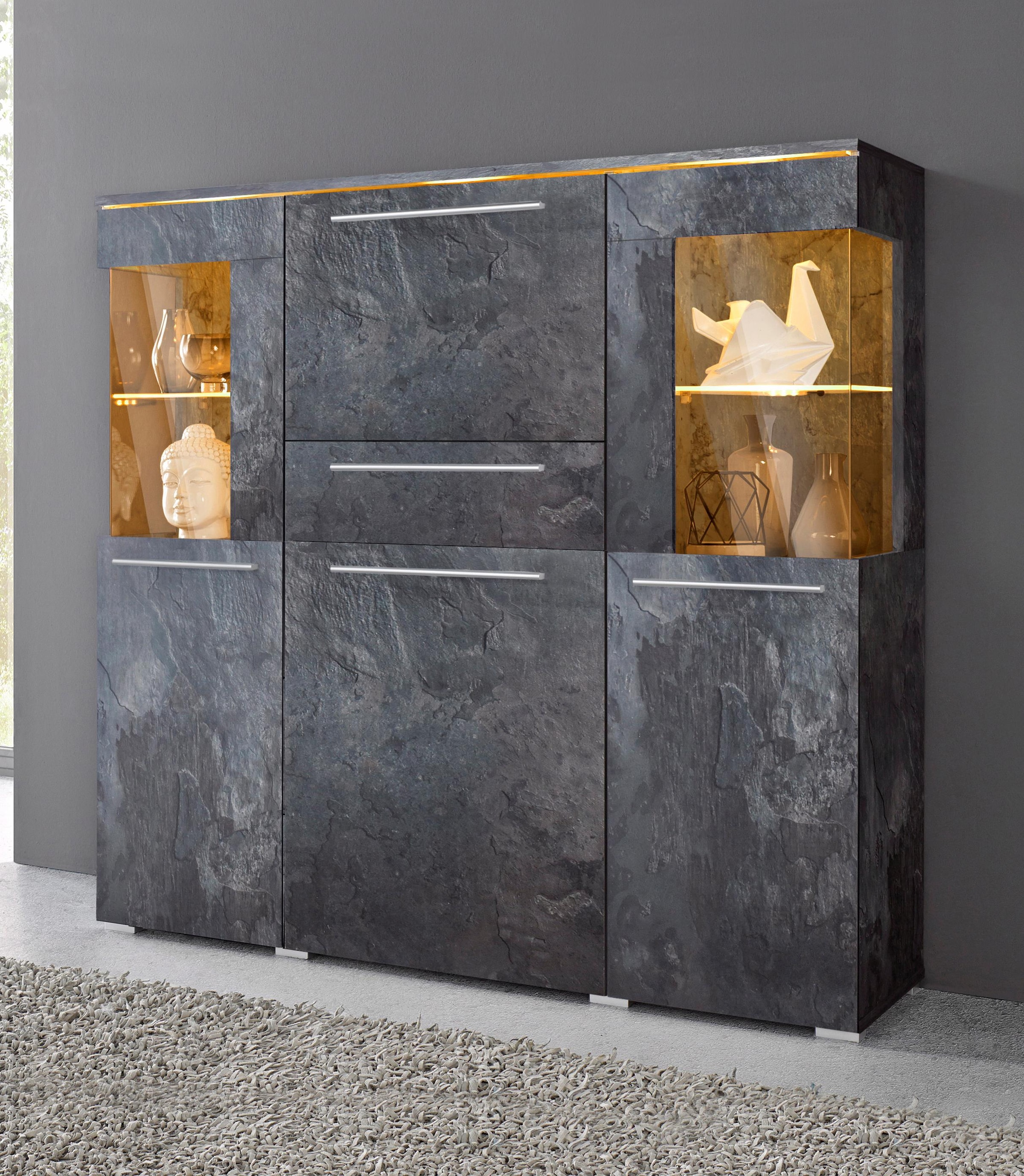 INOSIGN Highboard »India,Breite 130cm, stilvolle Hochkommode 3Türen, Klappe und Schublade« Hochschrank viel Stauraum, Einlegeböden verstellbar,ohne Beleuchtung
