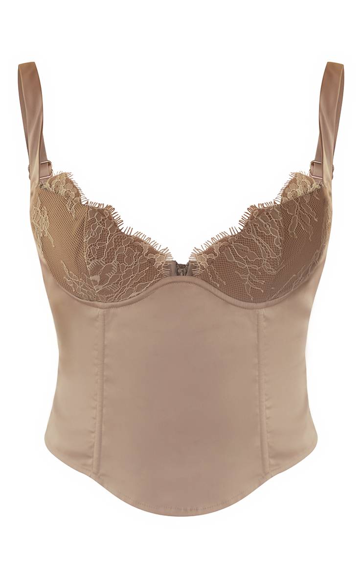 Taupe Corset Plt Label En Satin Structuré Avec Détail De Bonnets En Dentelle