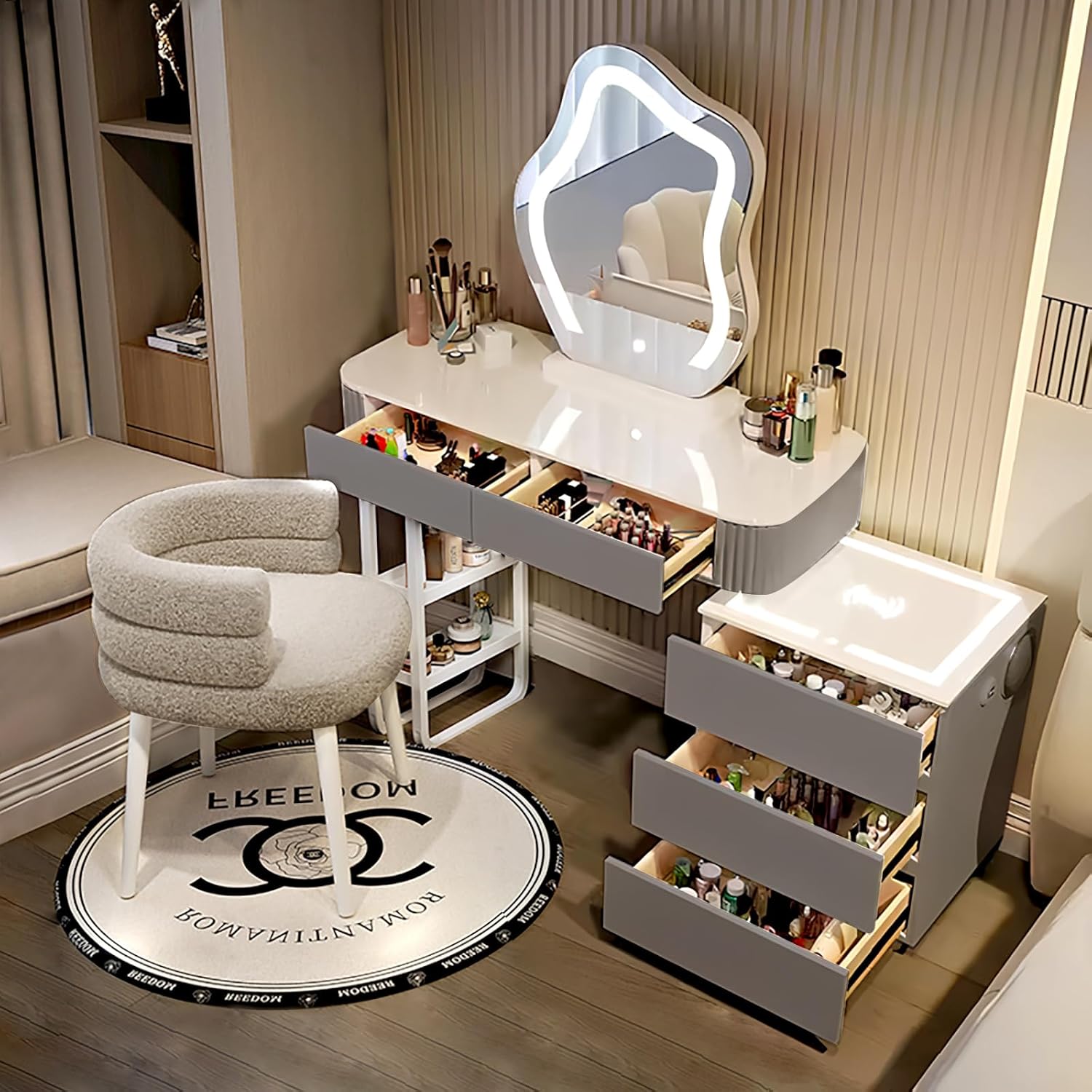 Generisch Schminktisch mit Spiegel,Schminktisch mit Stuhl,Bluetooth-Lautsprecher, Seitenschrank und USB/kabelloses Laden und 5 Schubladen für Damen und Mädchen (Weißes Kommodenset)