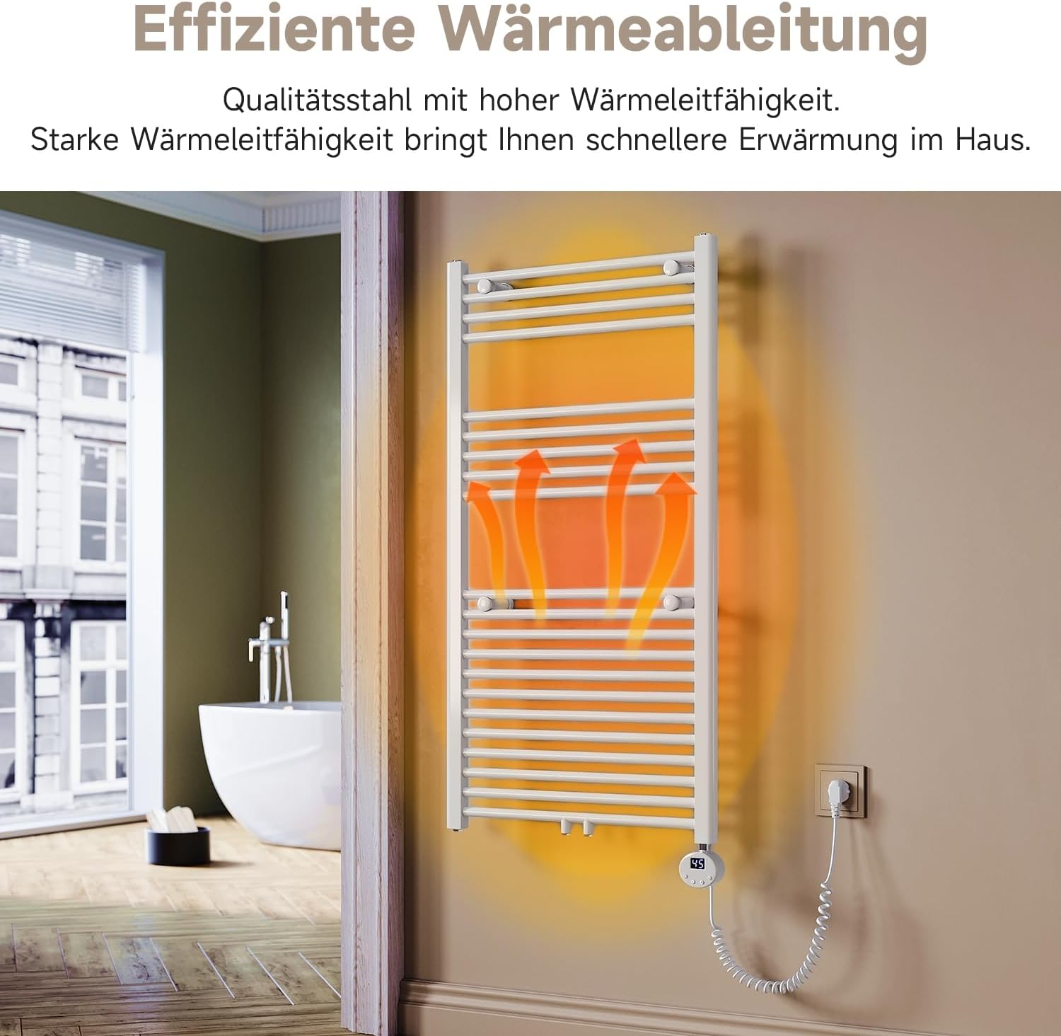 Badheizkörper Elektrisch Weiß 1150x600 mm Handtuchheizkörper Elektrisch mit Mini-Thermostat Auswählbar Panel Handtuchhalter Wasser Mittelanschluss 600 Watt