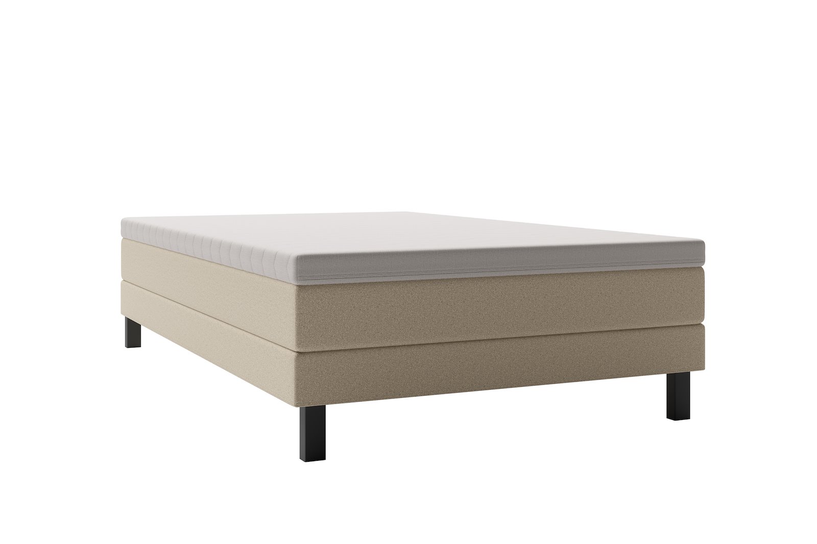 Oslo kontinentalseng 150x200 cm Tekstil Mito 05 beige med Oslo overmadrass og sorte firkantede ben, gavl selges separate.