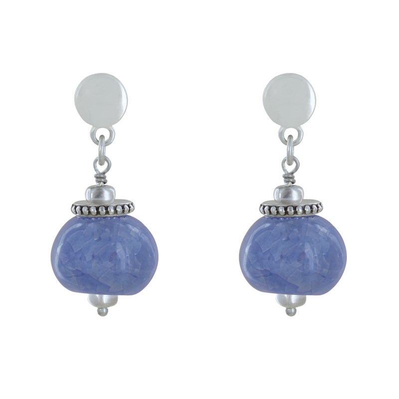 Boucles d'Oreilles Clous Métal Argenté et Grosses Perles en Céramique