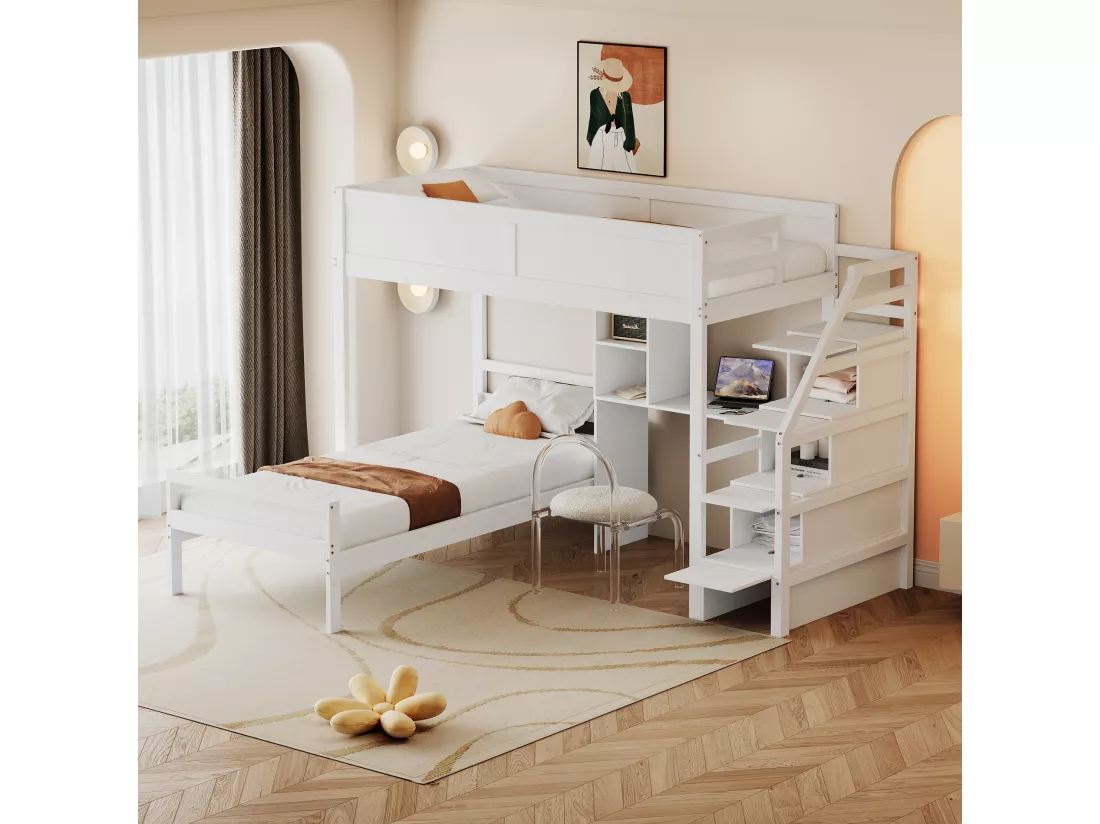 Lit superposé 90x200cm en bois massif - avec escalier de rangement et bureau - Blanc
