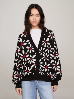 Cardigã oversized com estampa floral miúda