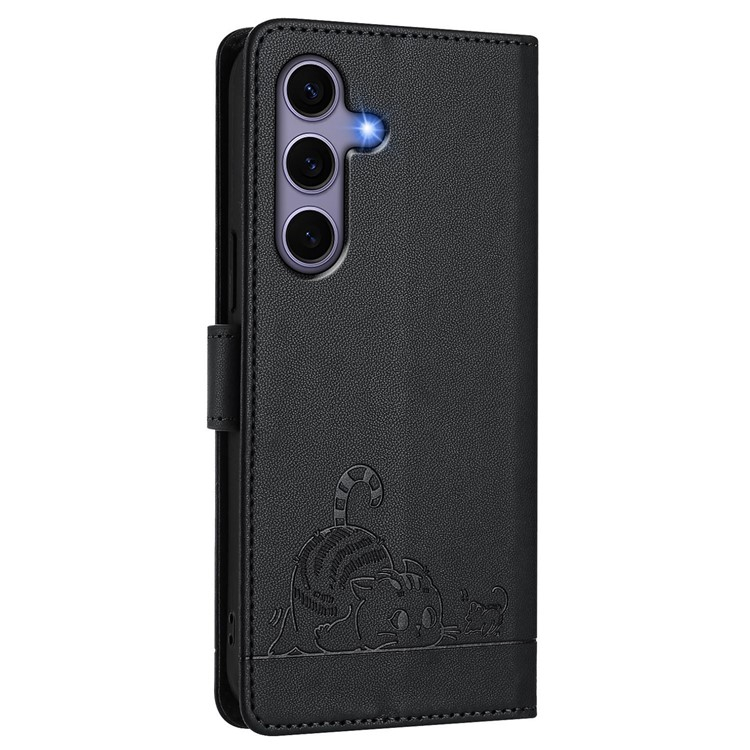 Samsung Galaxy S25 Leder Tasche Litchi Look mit Katzen Imprint (RFID Schutz) - Schwarz
