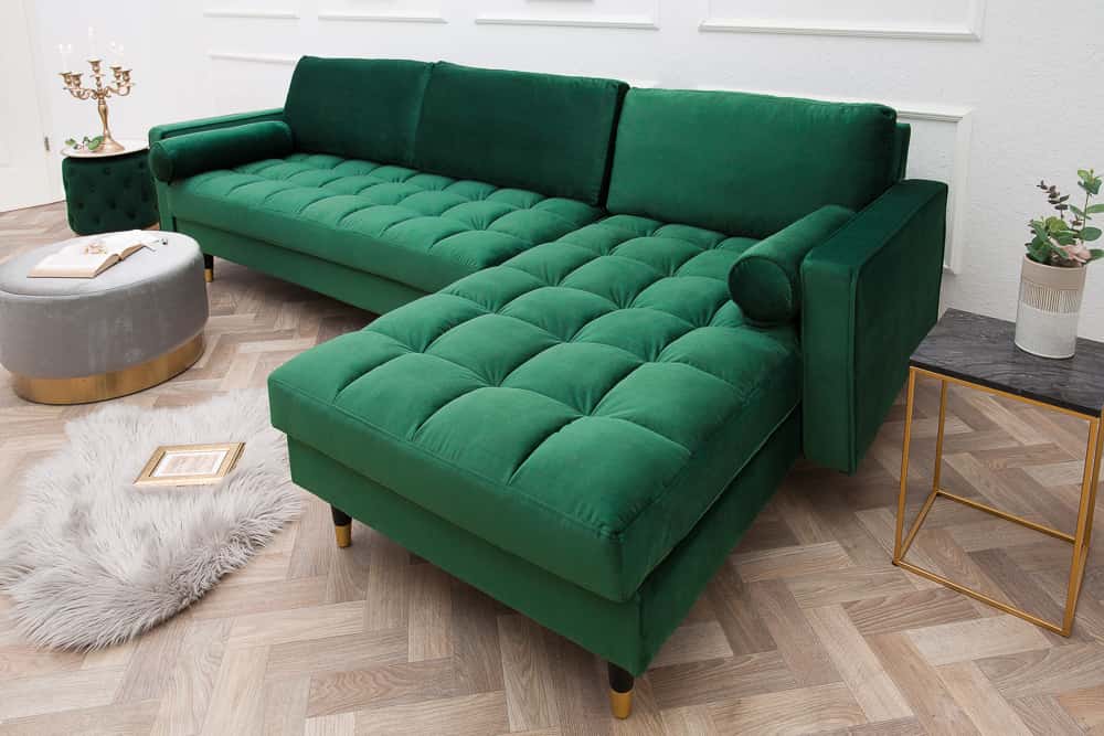 Elegantes Ecksofa COZY VELVET 260cm smaragdgrün Samt Federkern 3-Sitzer