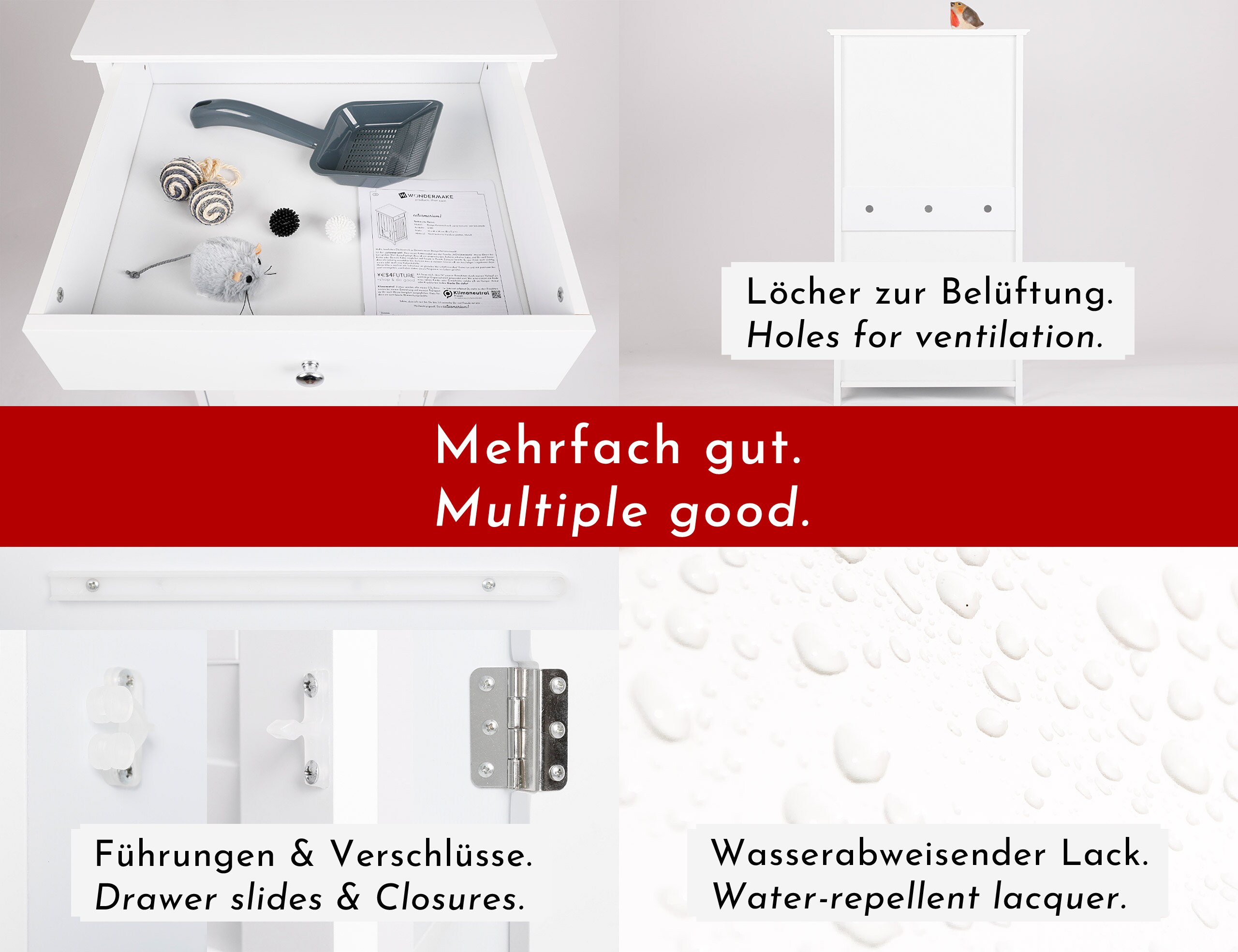 WONDERMAKE® Katzenschrank für Katzentoilette groß hoch aus Holz, Katzenklo-Schrank Kommode mit Schublade und Tür geschlossen, Design Katzen-Haus Toilette Klo XL, 51 x 46 x 96 cm, weiß