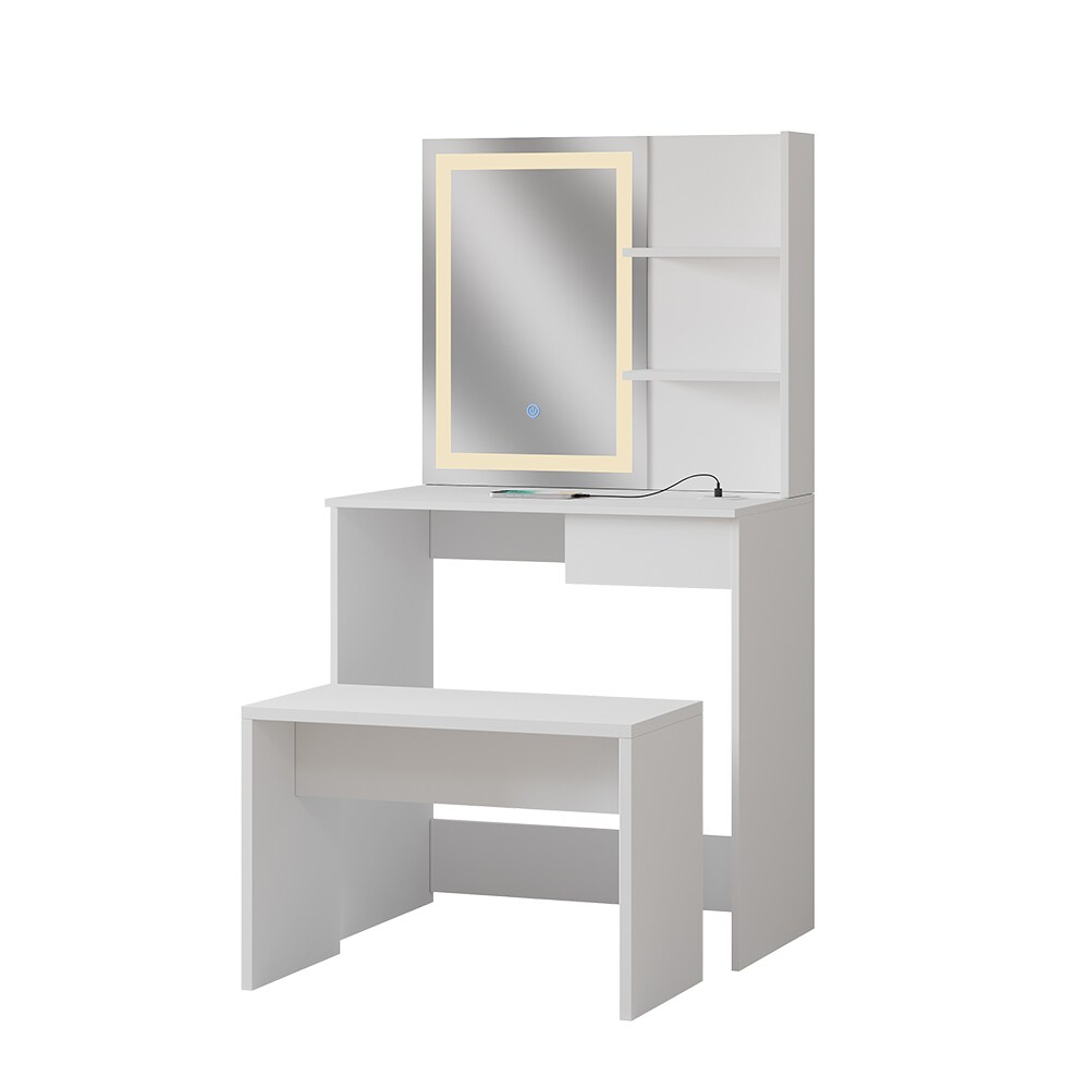 Vicco Schminktisch Dekos Weiß 75 cm mit LED-Spiegel QI-Ladestation und Bank
