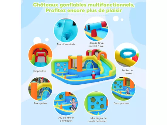 Château gonflable avec trampolines, souffleur, toboggan, panier de basket, 3 à 8 ans, 410x315x203cm