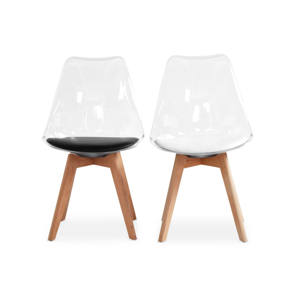 Lot de 4 chaises scandinaves - lagertha - pieds bois. Fauteuils 1 place. Coussin noir. Coque transparente