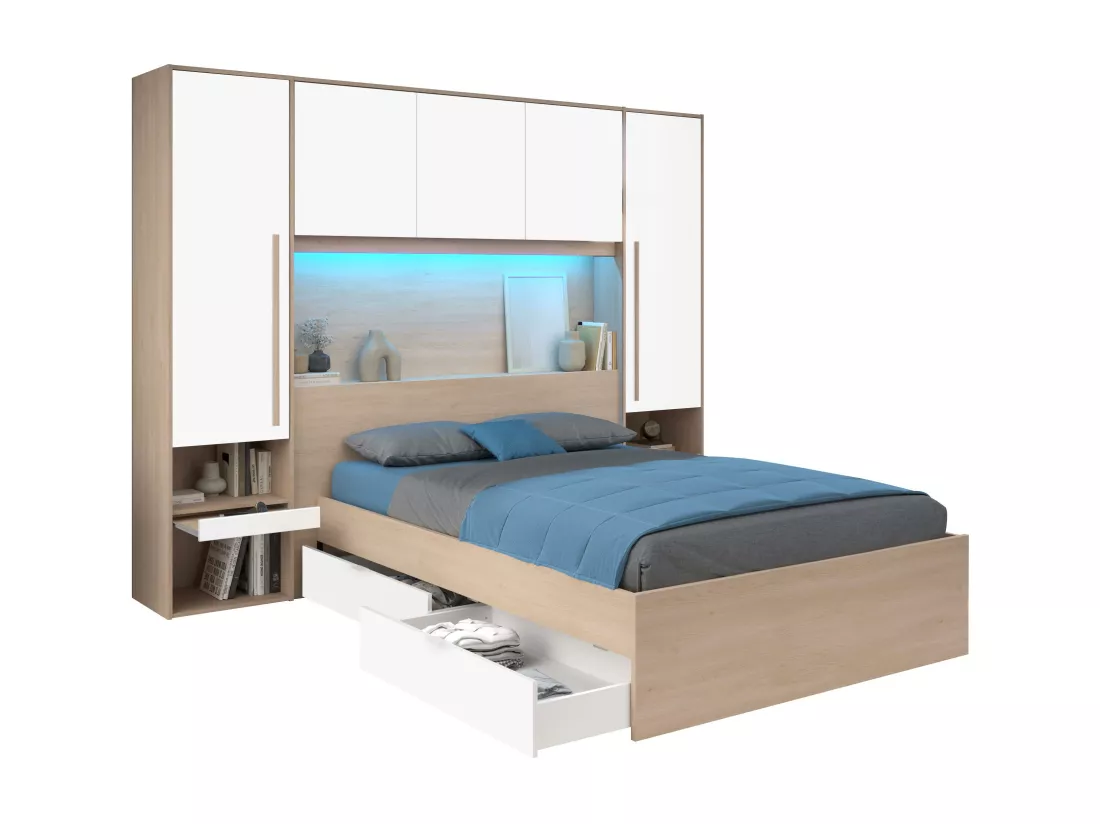Lit pont 140 x 190 cm avec rangements - avec LEDs - Coloris : Naturel et blanc brillant + Sommier - VELONA