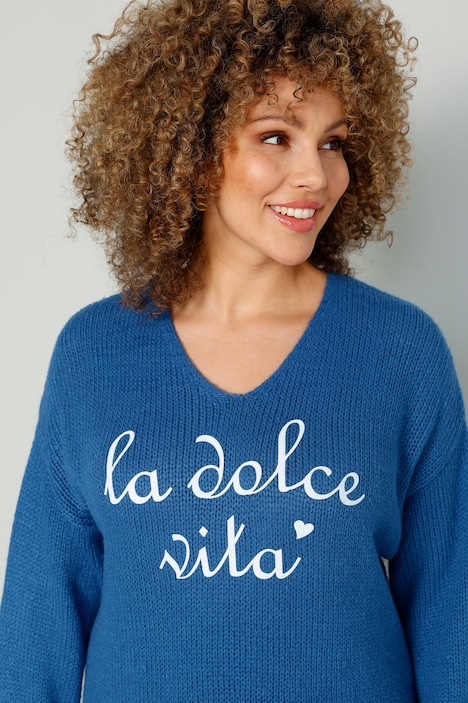 Long-Pullover, Schriftzug, V-Ausschnitt, Langarm