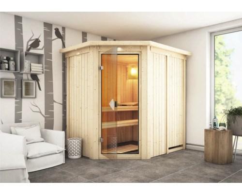 Karibu Carina modulaire sauna zonder oven, met dakkroon en gebronsde volledig glazen deur