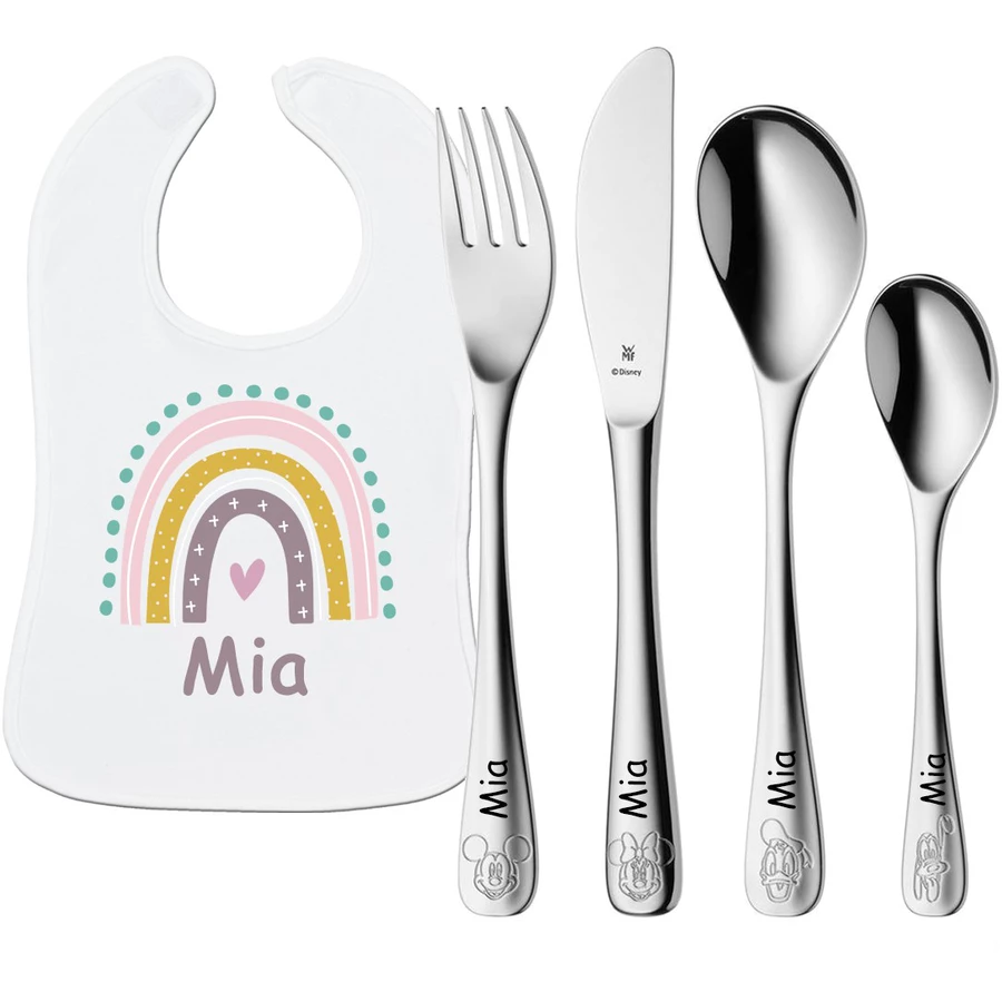 Schnullireich Geschenkset mit Namen WMF Kinderbesteck Mickey & Friends + Lätzchen Rose Rainbow Silber