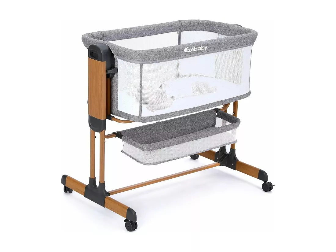 Ezebaby Lit Bébé Cododo 3 en 1,Couffin à Bascule avec Matelas,Hauteur Réglable 7 Niveaux,Maille Respirante,pour Nouveau-né,Veinure du Bois