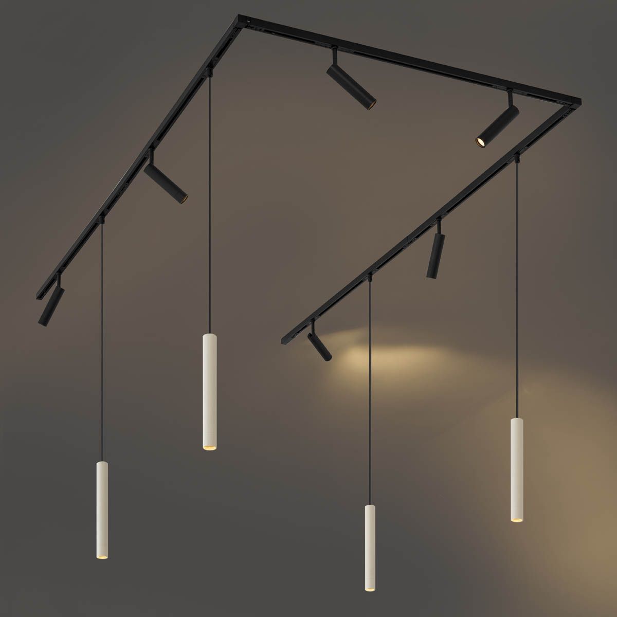 Modern railsysteem met 6 spots en 4 hanglampen beige met zwart 1-fase - Slimline Uzzy Keno