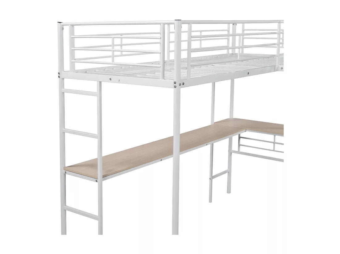 Lit mezzanine - 2 lits 90x200 cm - 2 bureaux sous le lit - Blanc