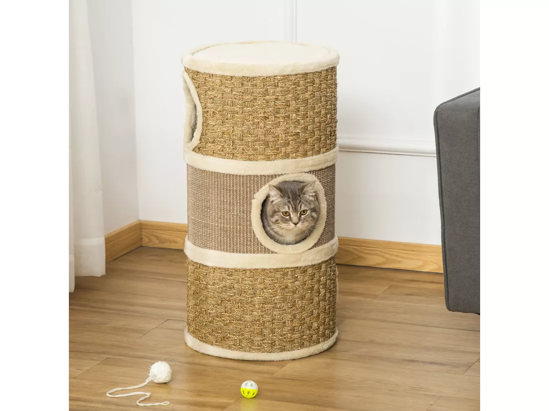 Arbre à chat cylindrique - tour à griffer pour chat - arbre à chat tour - Tonneau griffoir - 3 niches + plateforme - sisal corde d'algues beige