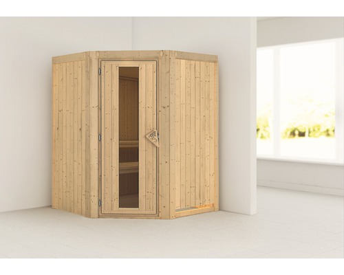 Karibu Kanja plug & play sauna zonder kachel en dakrand, met houten deur en geïsoleerd glas.