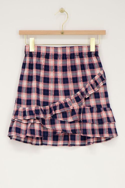 Donkerblauw rokje met roze ruitjes en lurex