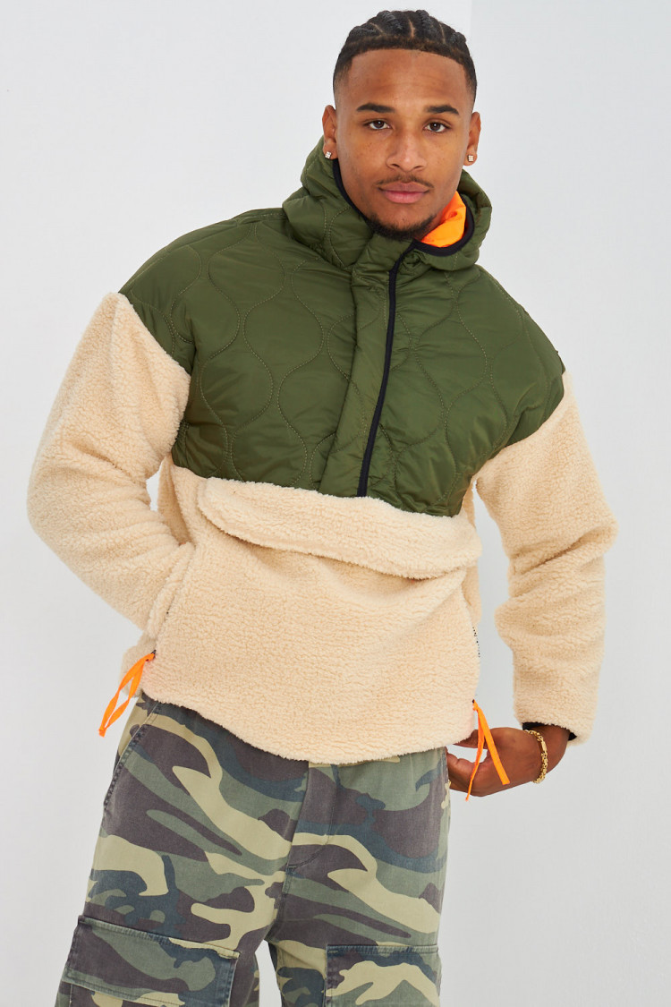 Sweat bi-matière en peau de moutons kaki/beige