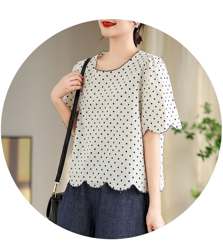 Taragon - Blouse met korte mouwen, ronde hals en gestippelde rand