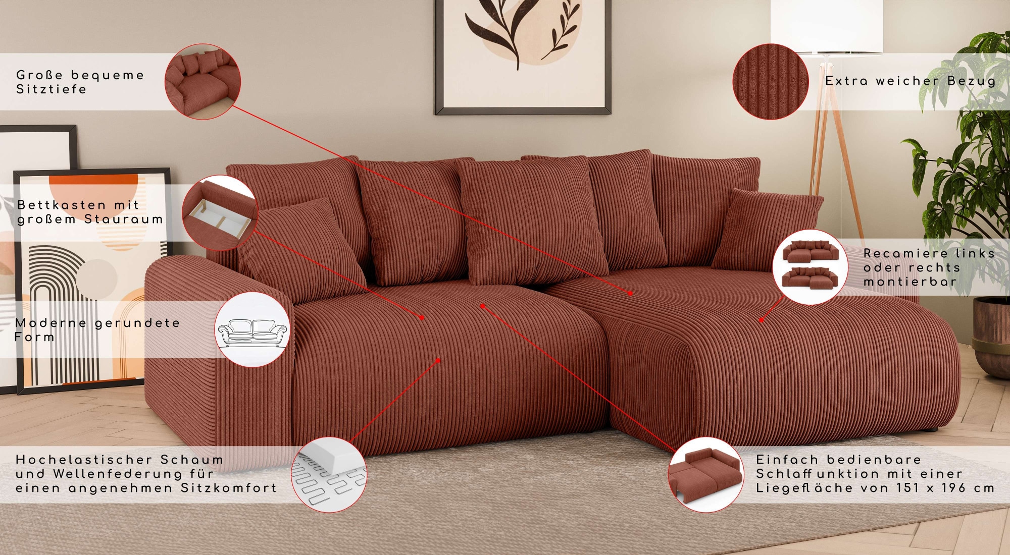 Home affaire Ecksofa »LAKESIDE klein mit Bettfunktion und Bettkasten, B/T/H 235/142/84 cm« L-Form, Recamiere beidseitig montierbar, mit Wellenunterfederung