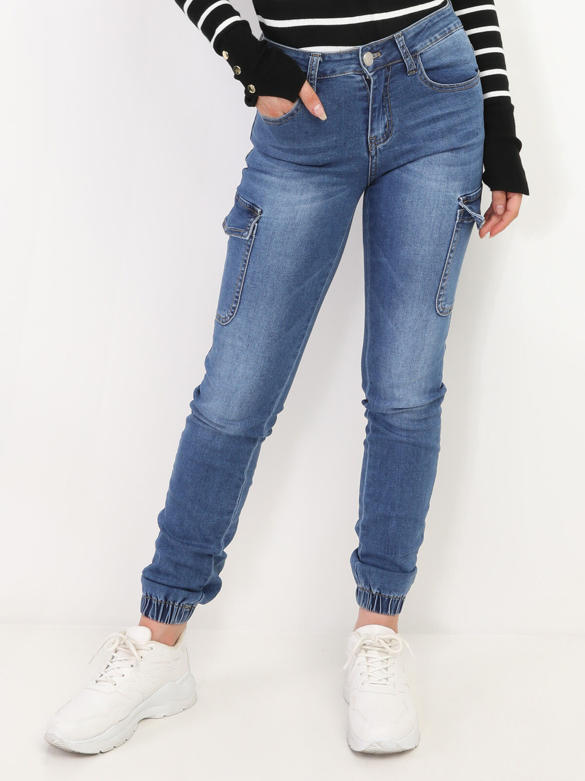 Jeans slim cargo style jogger- Bleu