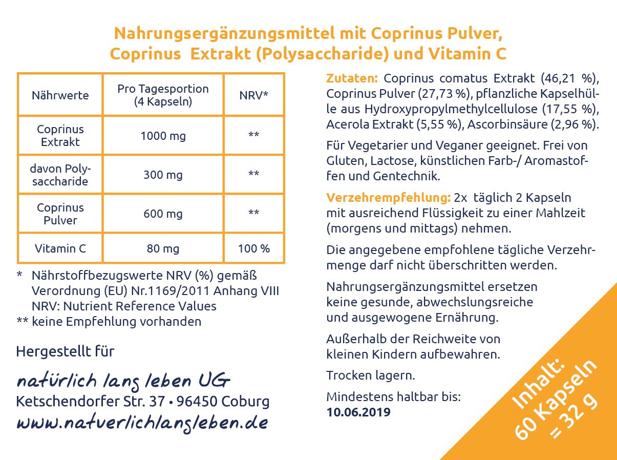 natürlich lang leben Coprinus Extrakt + Pulver