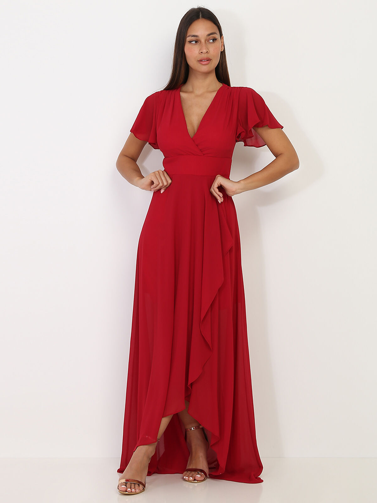 Robe portefeuille à manches papillons- Cerise