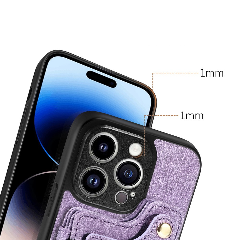 iPhone 14 Pro Max Necklace Leder Hülle mit Kartenfächer   Finger Griff Halterung   Handykette (RFID Schutz) - Lila